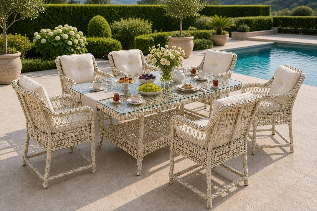 Ahlat Maxi 6 Kişilik Minderli Rattan Bahçe Yemek Takımı