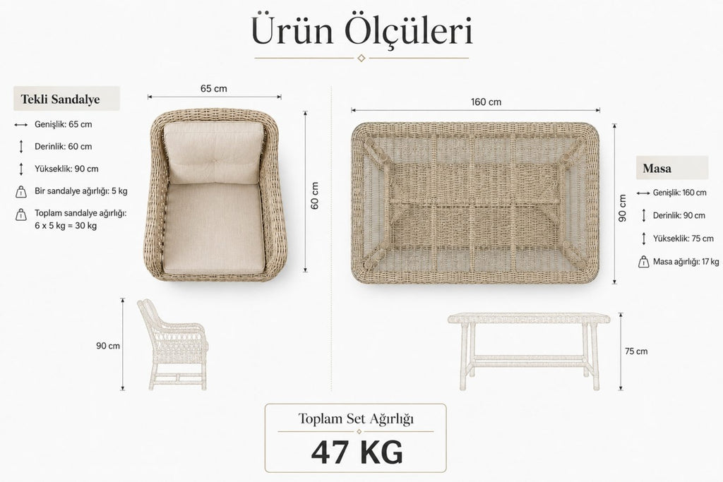 Ahlat Maxi 6 Kişilik Minderli Rattan Bahçe Yemek Takımı