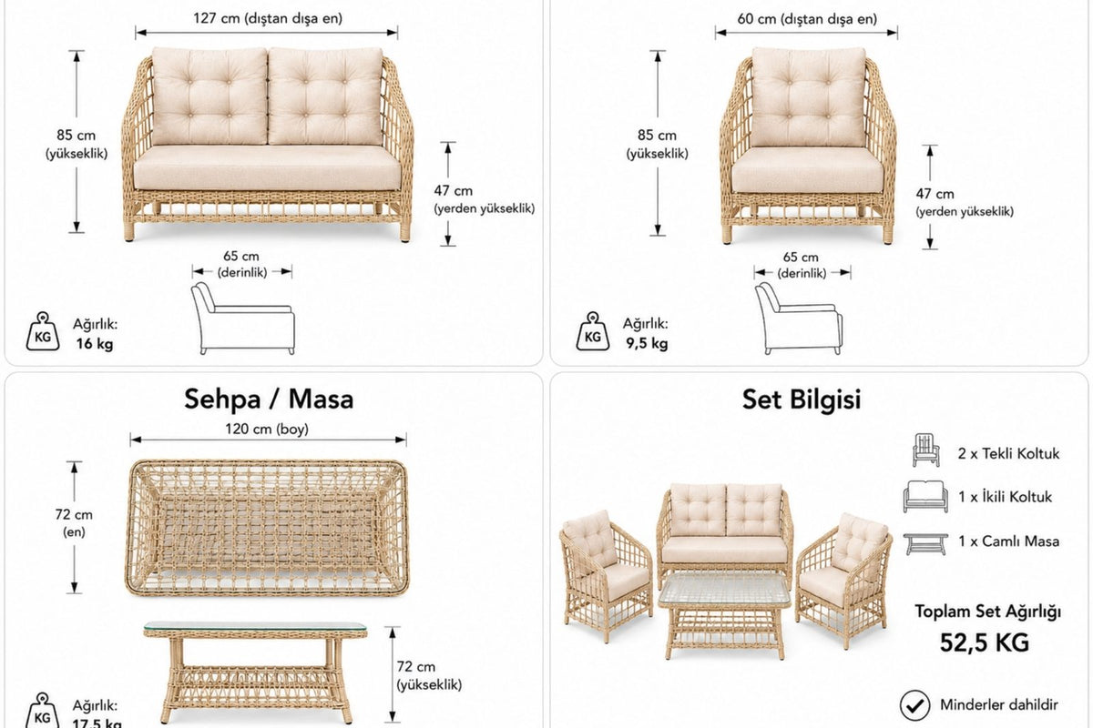 Atakum 4 Kişilik Minderli Rattan Bahçe Oturma Grubu