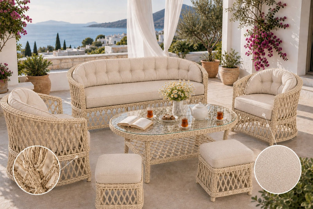 Bodrum 5 Kişilik Kapitoneli Minderli Rattan Bahçe Oturma Grubu