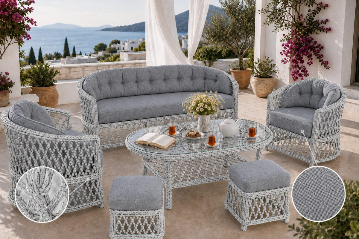 Bodrum 5 Kişilik Kapitoneli Minderli Rattan Bahçe Oturma Grubu