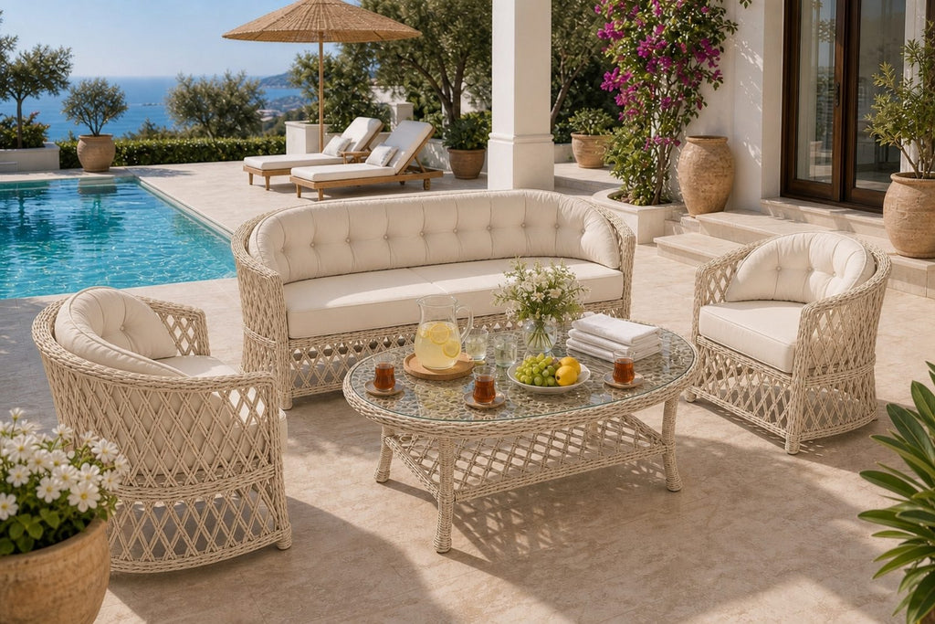 Bodrum 5 Kişilik Kapitoneli Minderli Rattan Bahçe Oturma Grubu