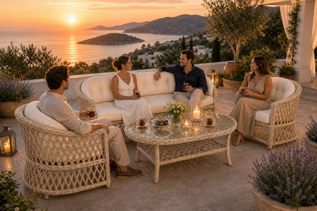 Bodrum 5 Kişilik Kapitoneli Minderli Rattan Bahçe Oturma Grubu