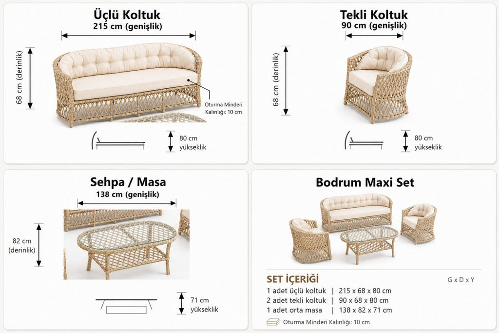 Bodrum 5 Kişilik Kapitoneli Minderli Rattan Bahçe Oturma Grubu