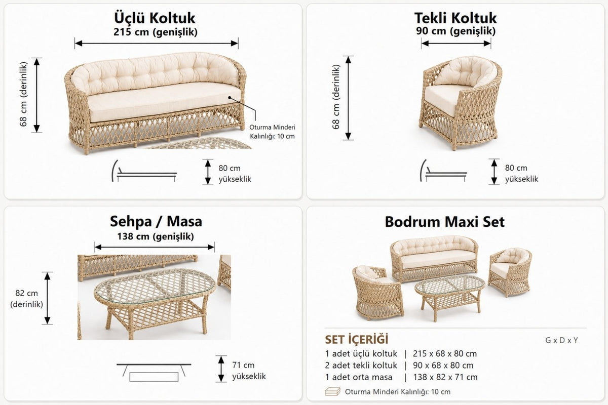 Bodrum 5 Kişilik Kapitoneli Minderli Rattan Bahçe Oturma Grubu