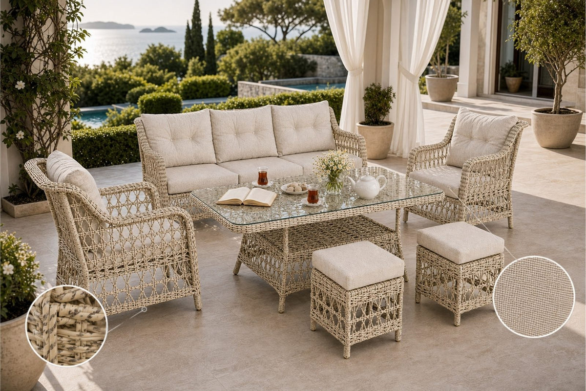 Divarese Maxi 6 Kişilik Minderli Rattan Bahçe & Teras Takımı