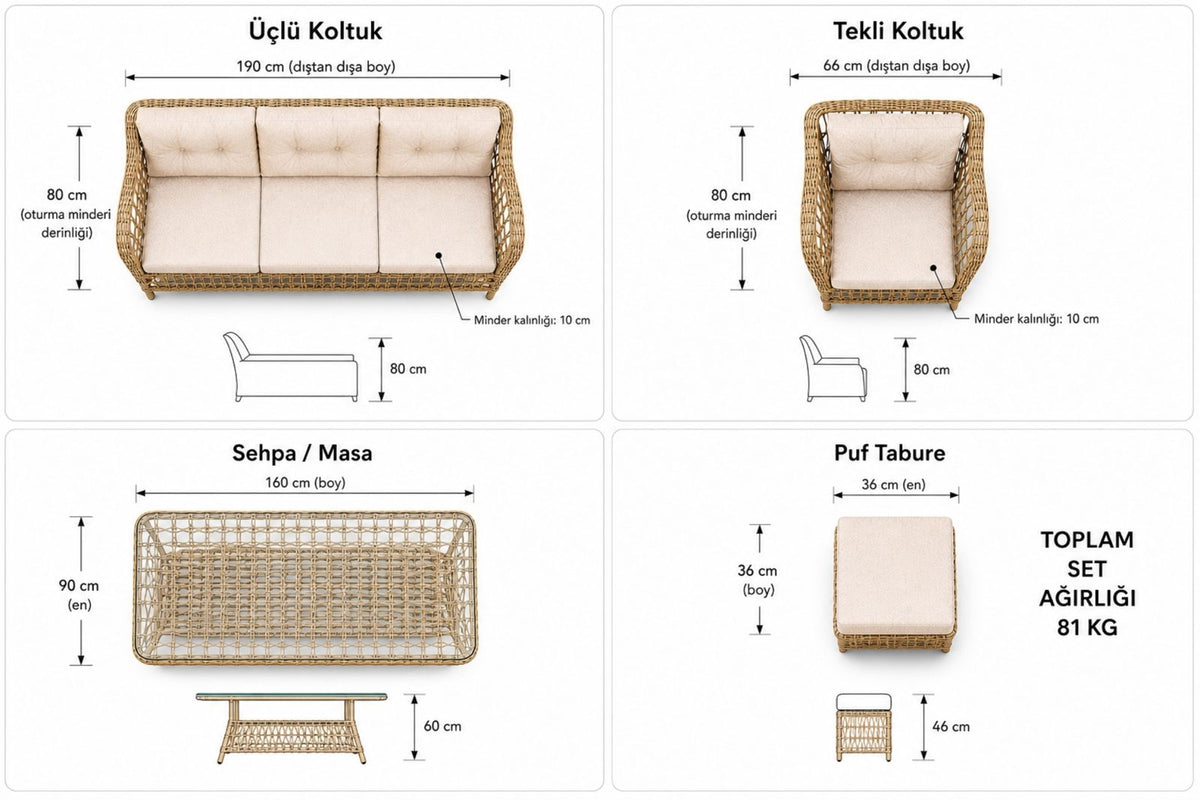 Divarese Maxi 6 Kişilik Minderli Rattan Bahçe & Teras Takımı