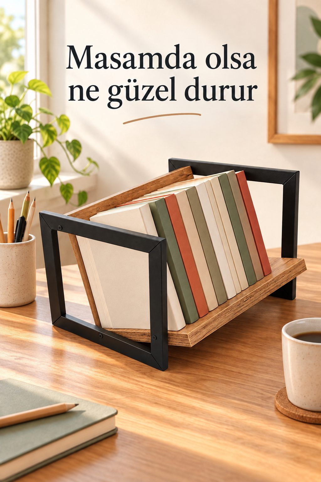 K30 Köşem Metal Masaüstü Kitaplık — Ahşap Dokulu Kitap Rafı 32 cm