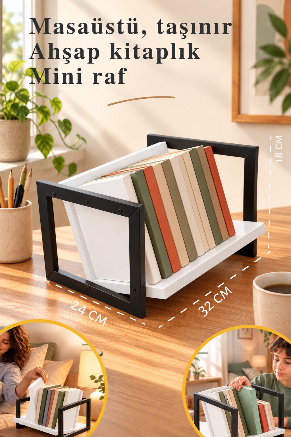 K30 Köşem Metal Masaüstü Kitaplık — Ahşap Dokulu Kitap Rafı 32 cm
