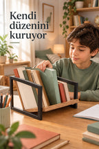 K30 Köşem Metal Masaüstü Kitaplık — Ahşap Dokulu Kitap Rafı 32 cm