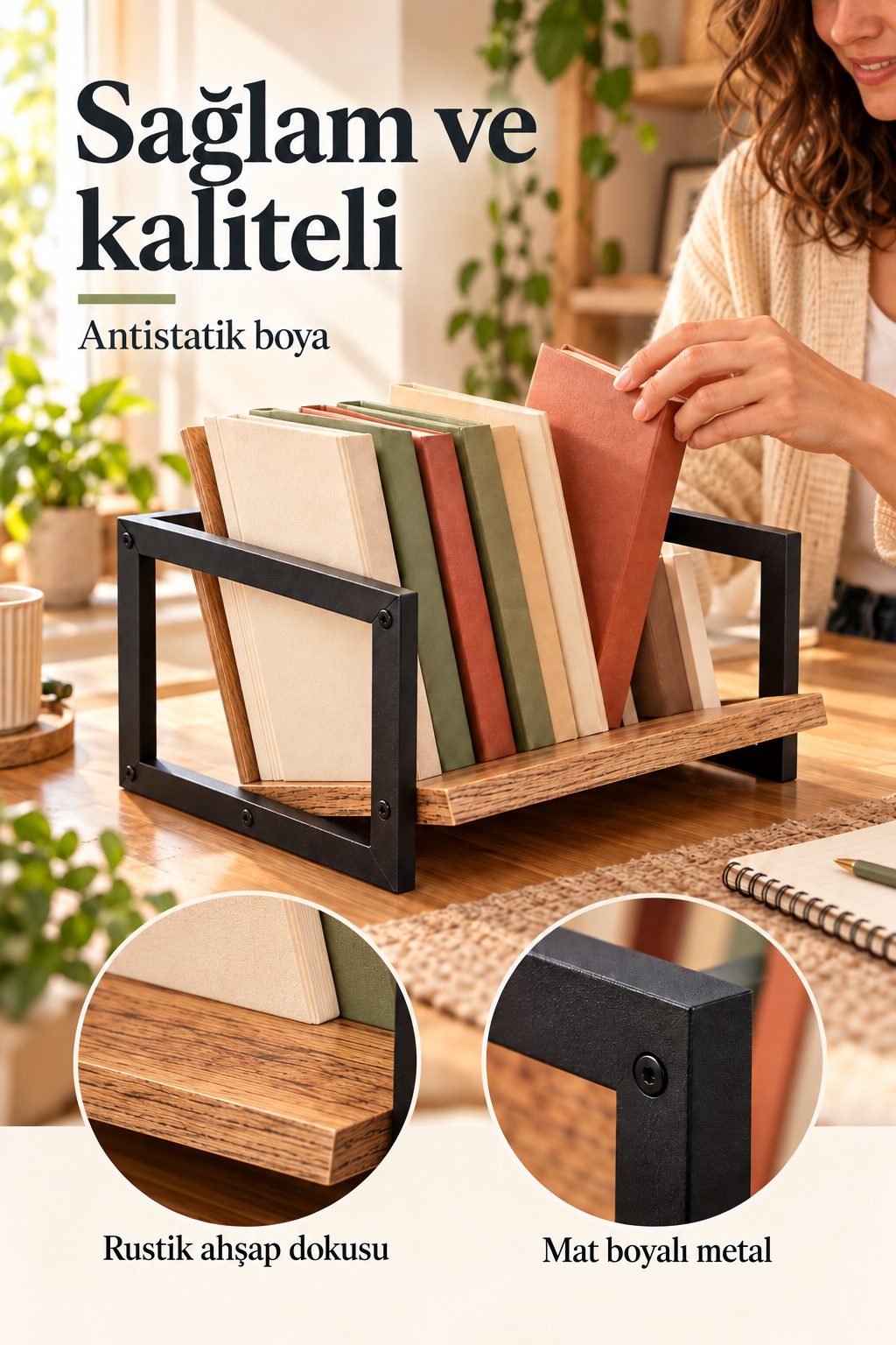 K30 Köşem Metal Masaüstü Kitaplık — Ahşap Dokulu Kitap Rafı 32 cm