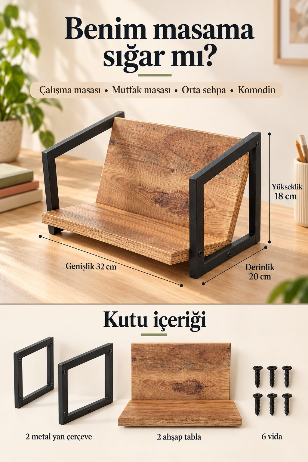 K30 Köşem Metal Masaüstü Kitaplık — Ahşap Dokulu Kitap Rafı 32 cm