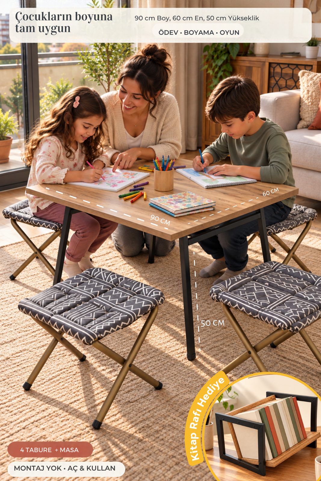 K60 Katlanır Balkon & Kamp Masa Seti — 90x60 Masa + 4 Minderli Tabure