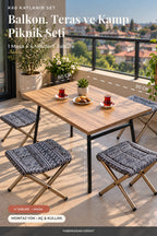 K60 Katlanır Balkon & Kamp Masa Seti — 90x60 Masa + 4 Minderli Tabure