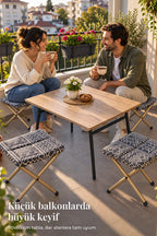 K60 Katlanır Balkon & Kamp Masa Seti — 90x60 Masa + 4 Minderli Tabure
