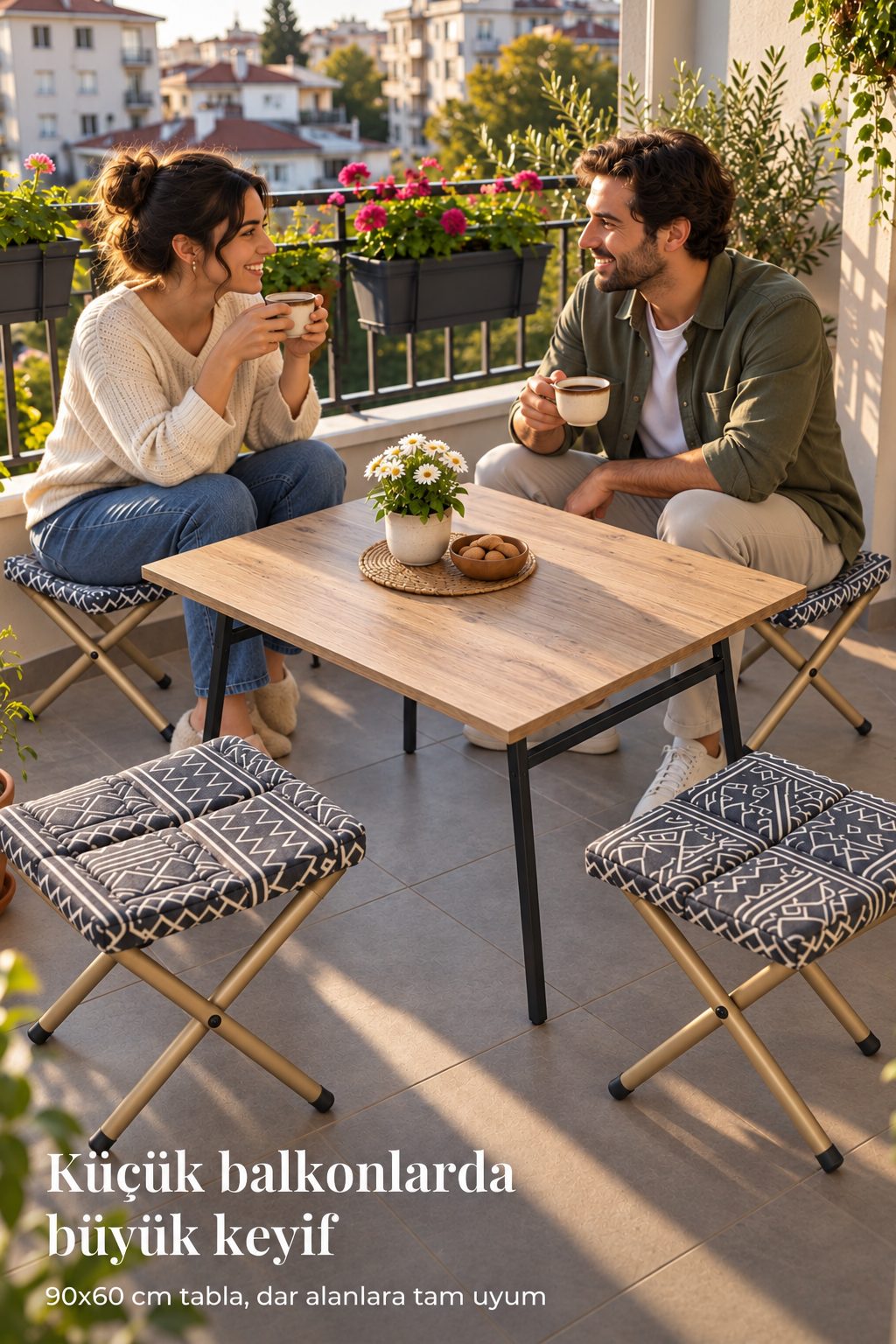 K60 Katlanır Balkon & Kamp Masa Seti — 90x60 Masa + 4 Minderli Tabure