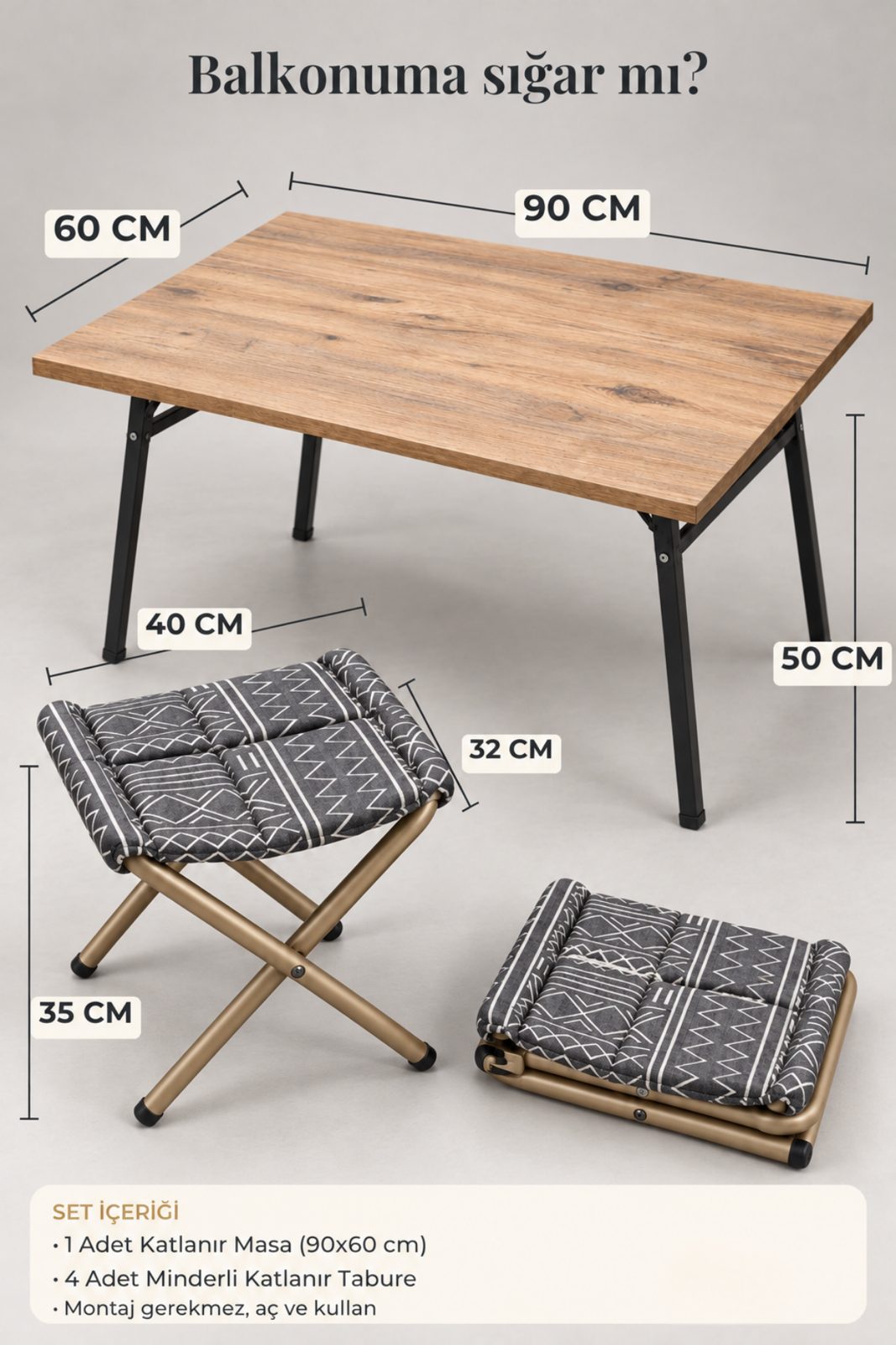 K60 Katlanır Balkon & Kamp Masa Seti — 90x60 Masa + 4 Minderli Tabure