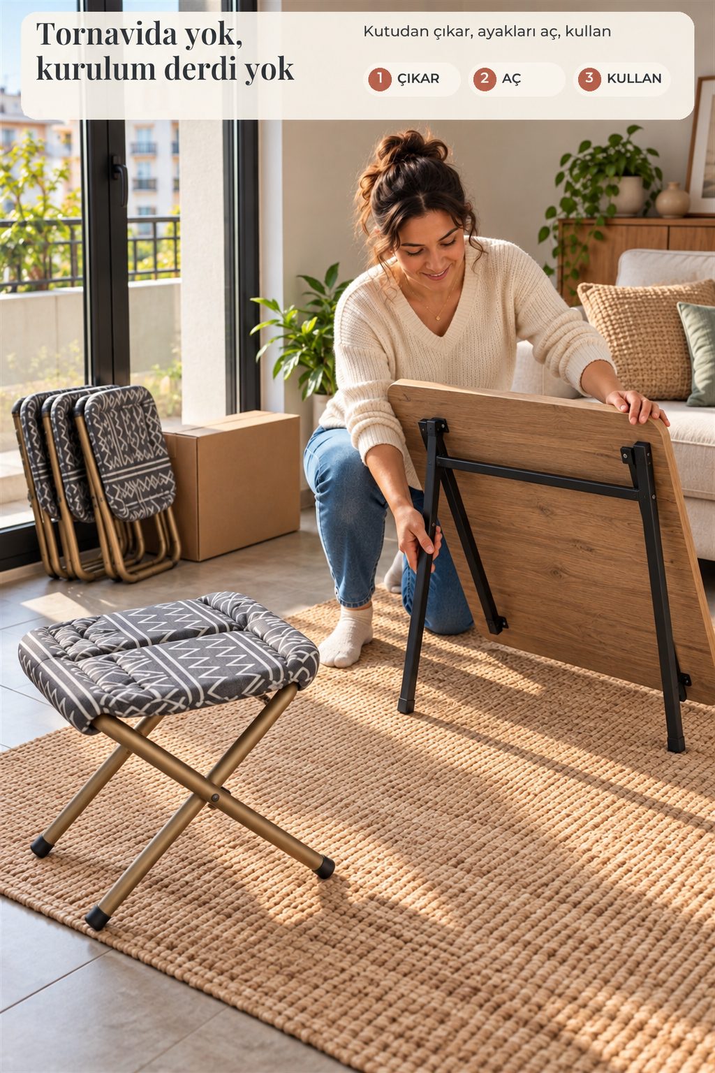 K60 Katlanır Balkon & Kamp Masa Seti — 90x60 Masa + 4 Minderli Tabure