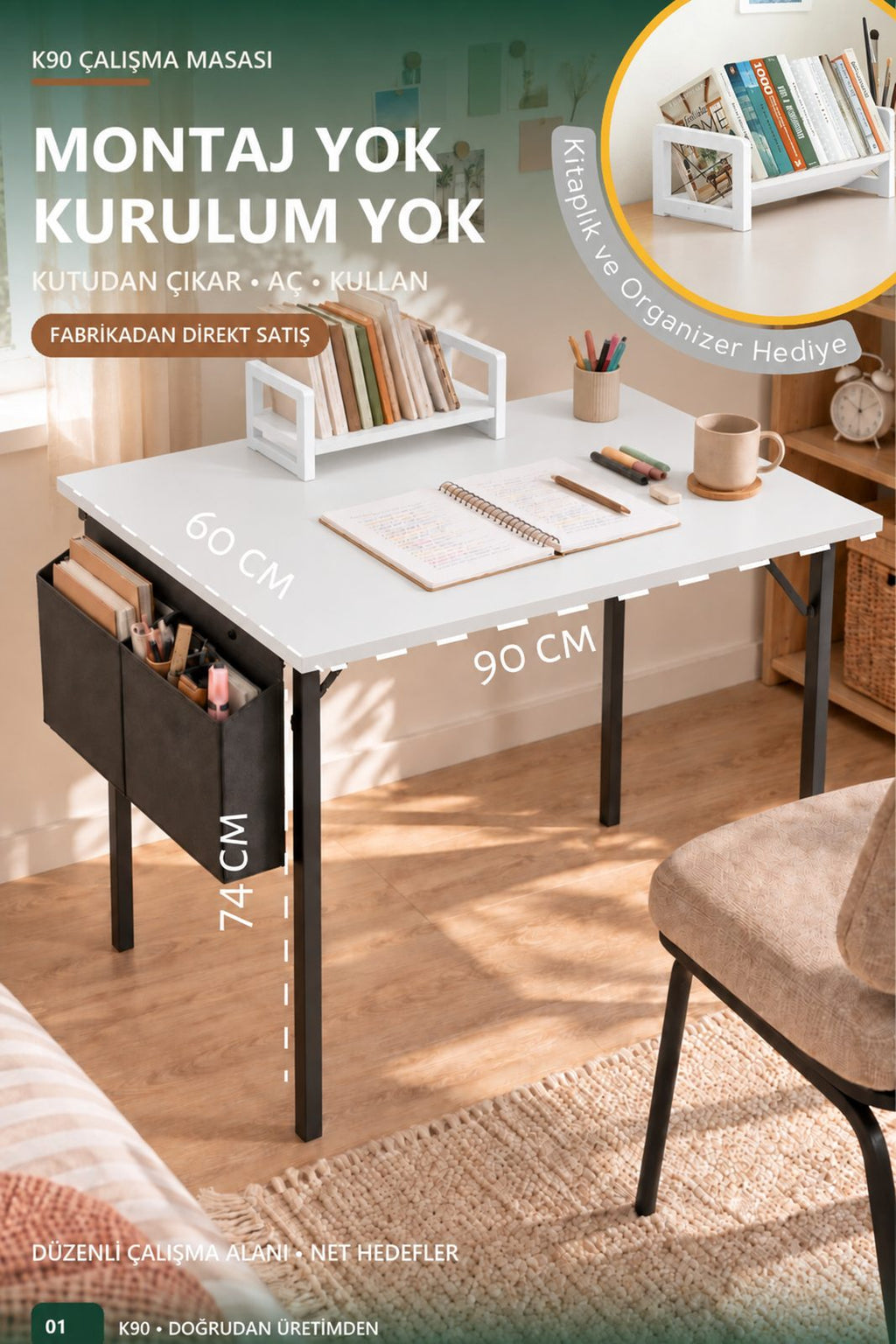 K90 Katlanır Çalışma Masası 90x60 — Montajsız, Kitaplık Hediyeli