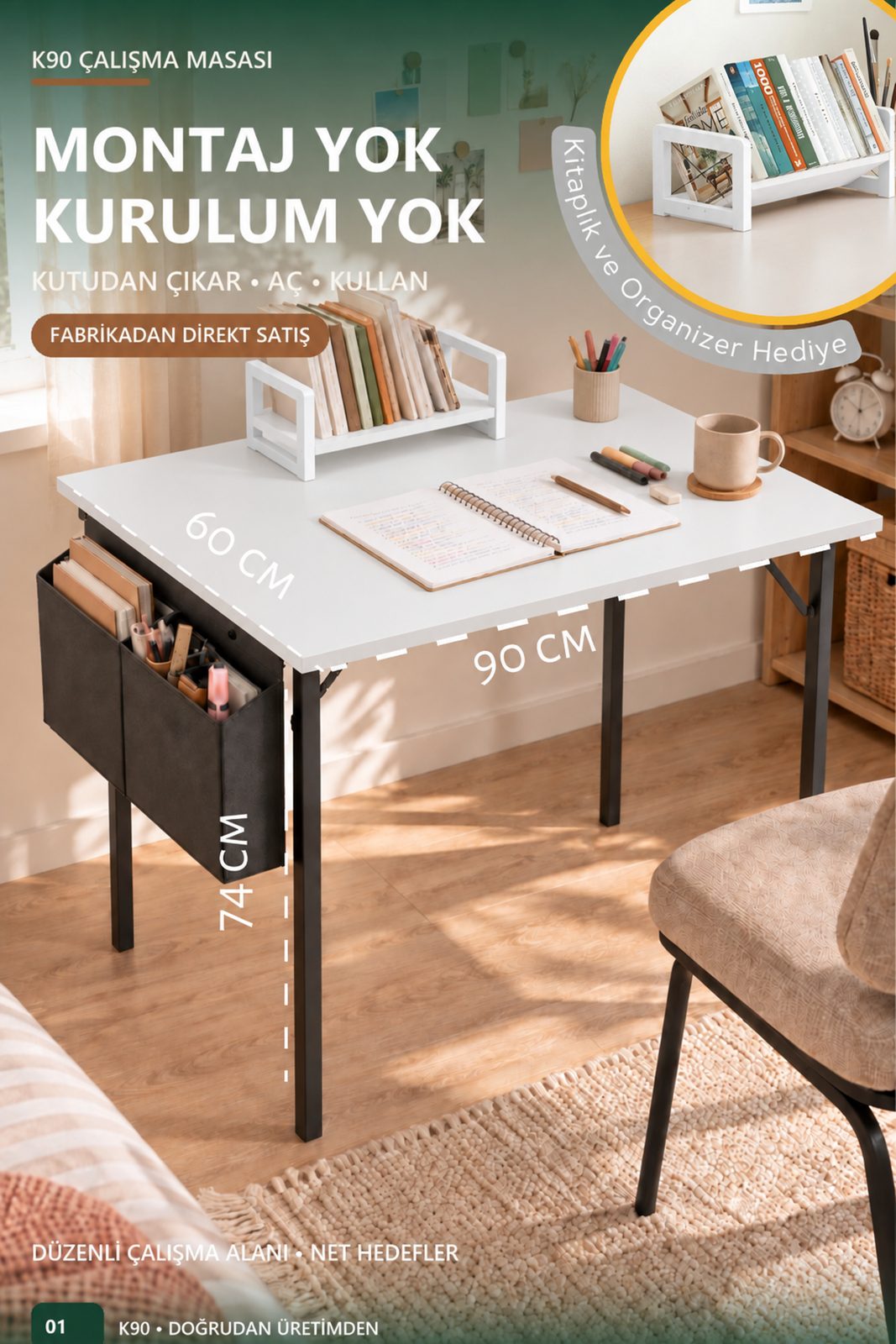 K90 Katlanır Çalışma Masası 90x60 — Montajsız, Kitaplık Hediyeli