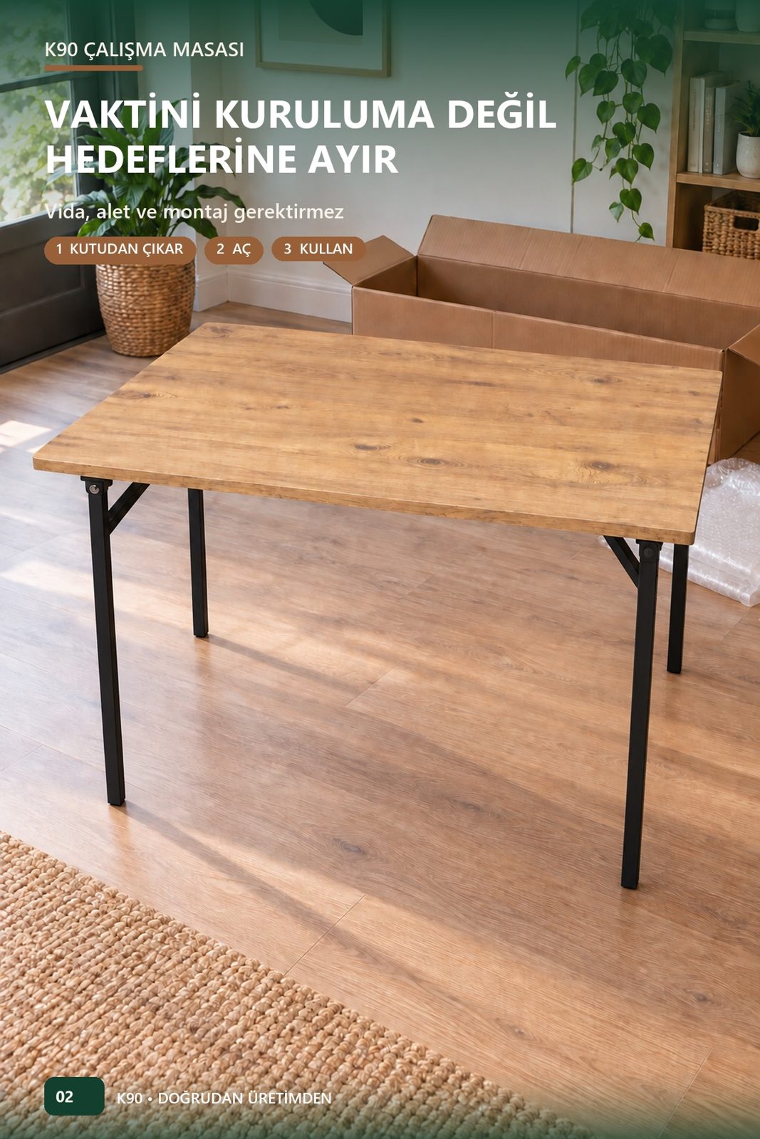 K90 Katlanır Çalışma Masası 90x60 — Montajsız, Kitaplık Hediyeli