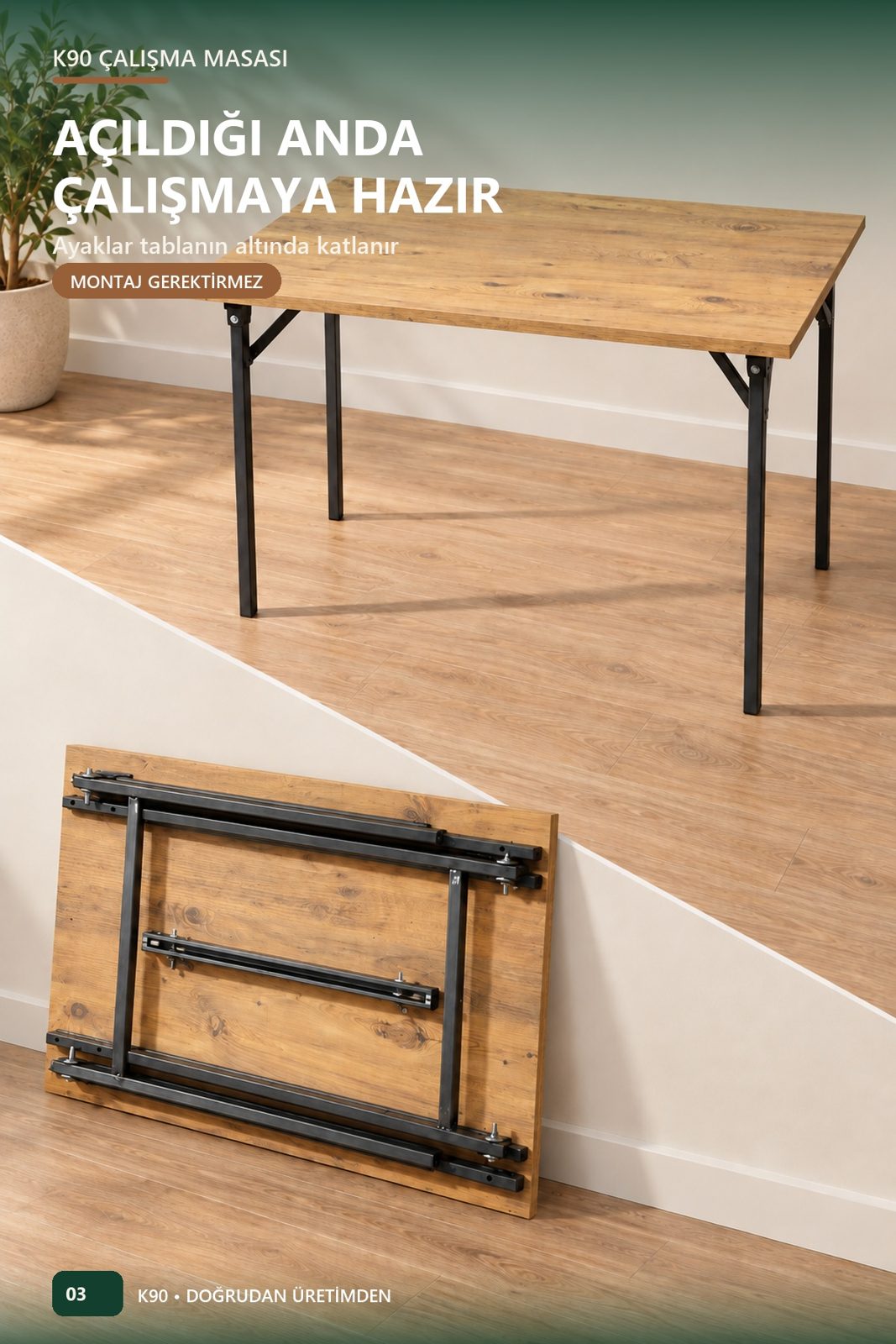 K90 Katlanır Çalışma Masası 90x60 — Montajsız, Kitaplık Hediyeli
