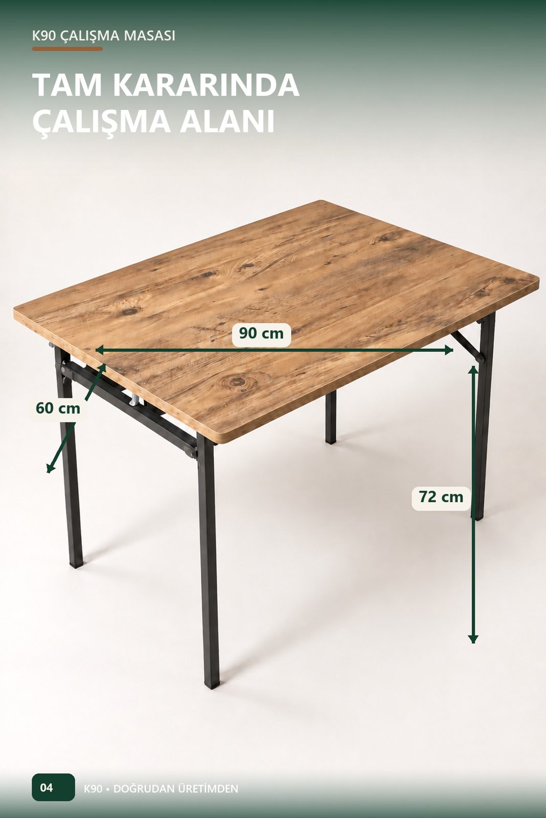 K90 Katlanır Çalışma Masası 90x60 — Montajsız, Kitaplık Hediyeli