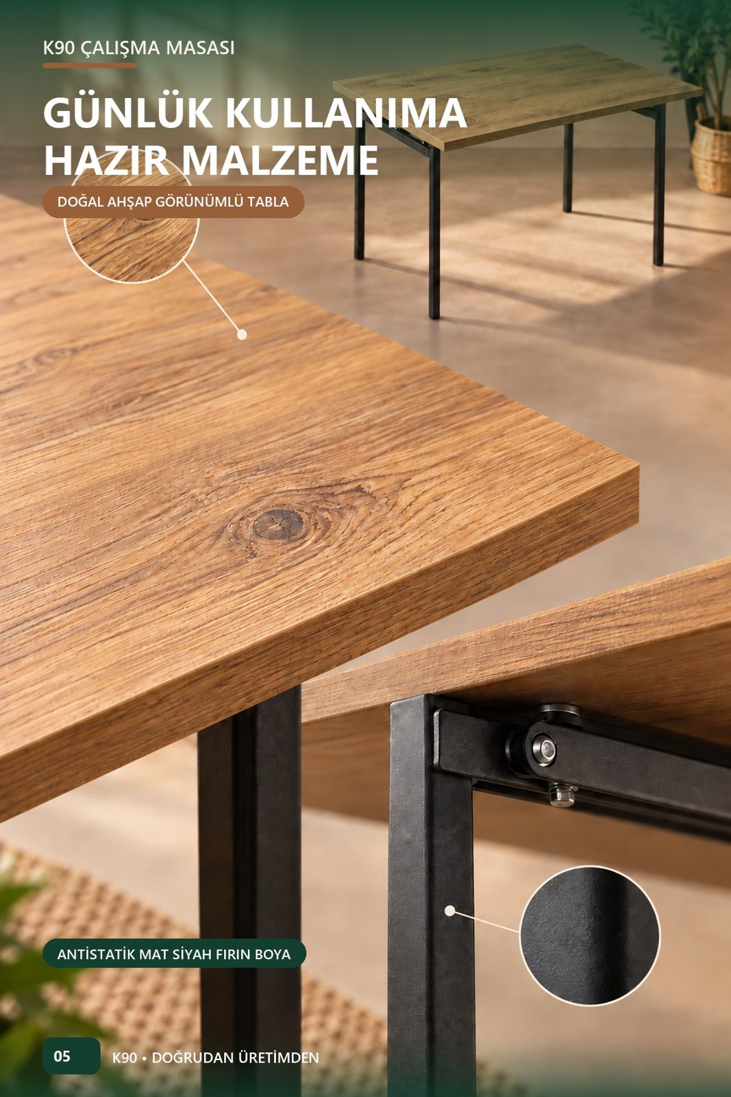 K90 Katlanır Çalışma Masası 90x60 — Montajsız, Kitaplık Hediyeli