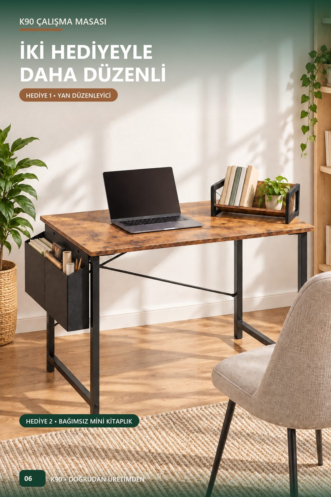 K90 Katlanır Çalışma Masası 90x60 — Montajsız, Kitaplık Hediyeli