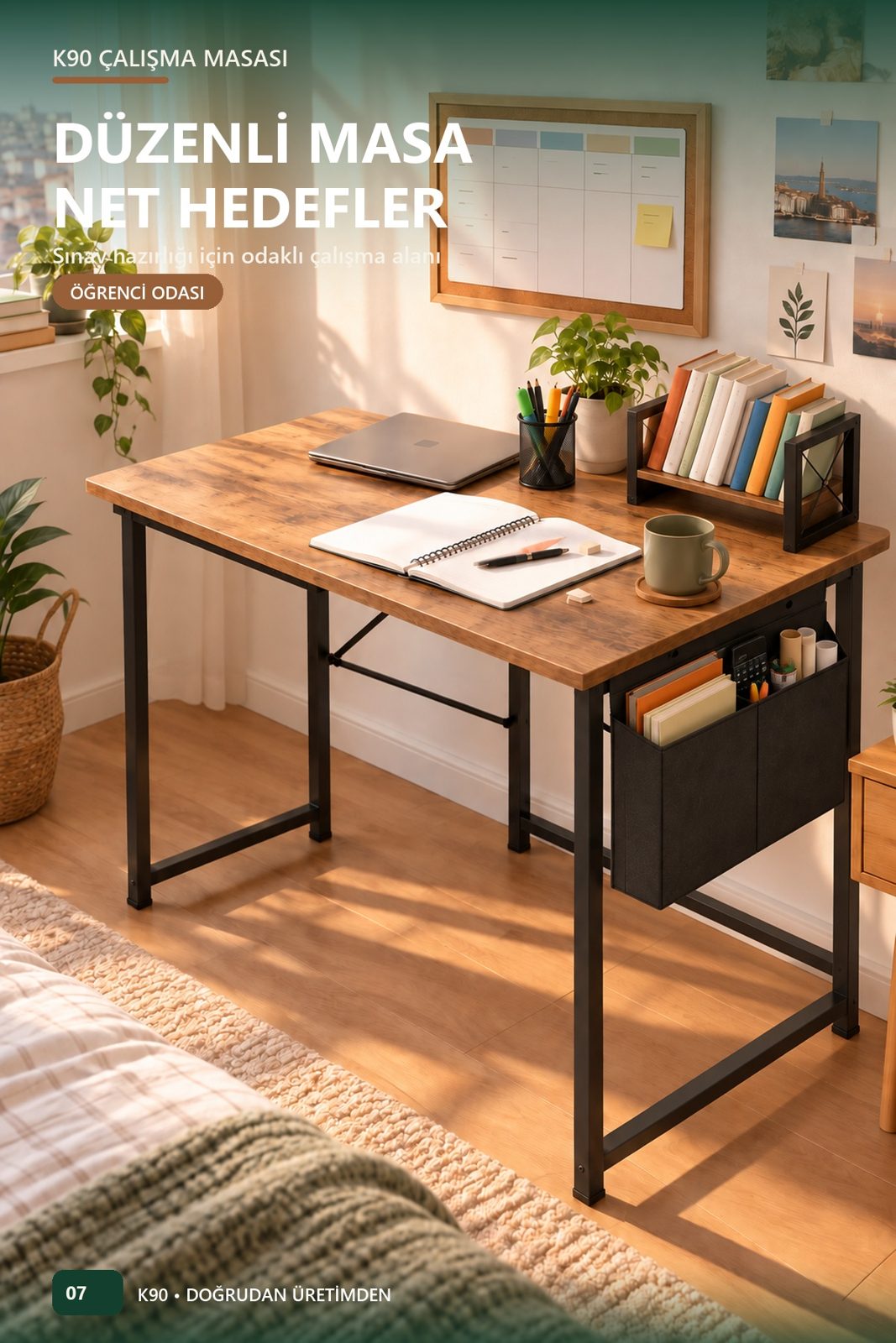 K90 Katlanır Çalışma Masası 90x60 — Montajsız, Kitaplık Hediyeli