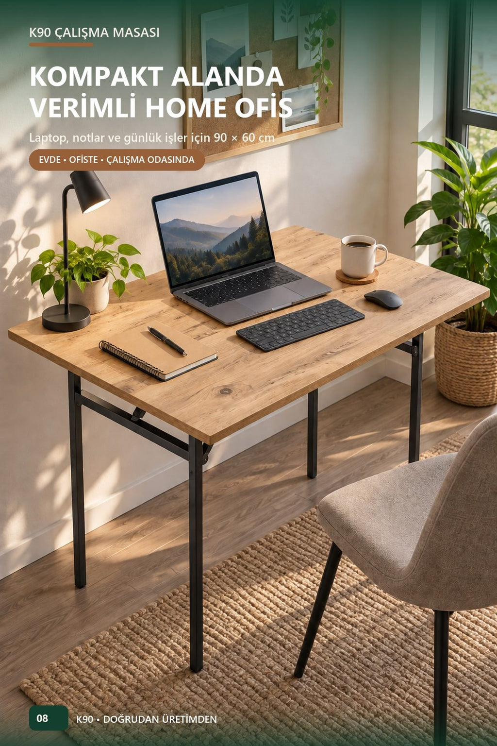K90 Katlanır Çalışma Masası 90x60 — Montajsız, Kitaplık Hediyeli