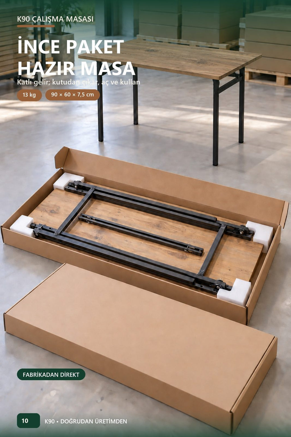 K90 Katlanır Çalışma Masası 90x60 — Montajsız, Kitaplık Hediyeli