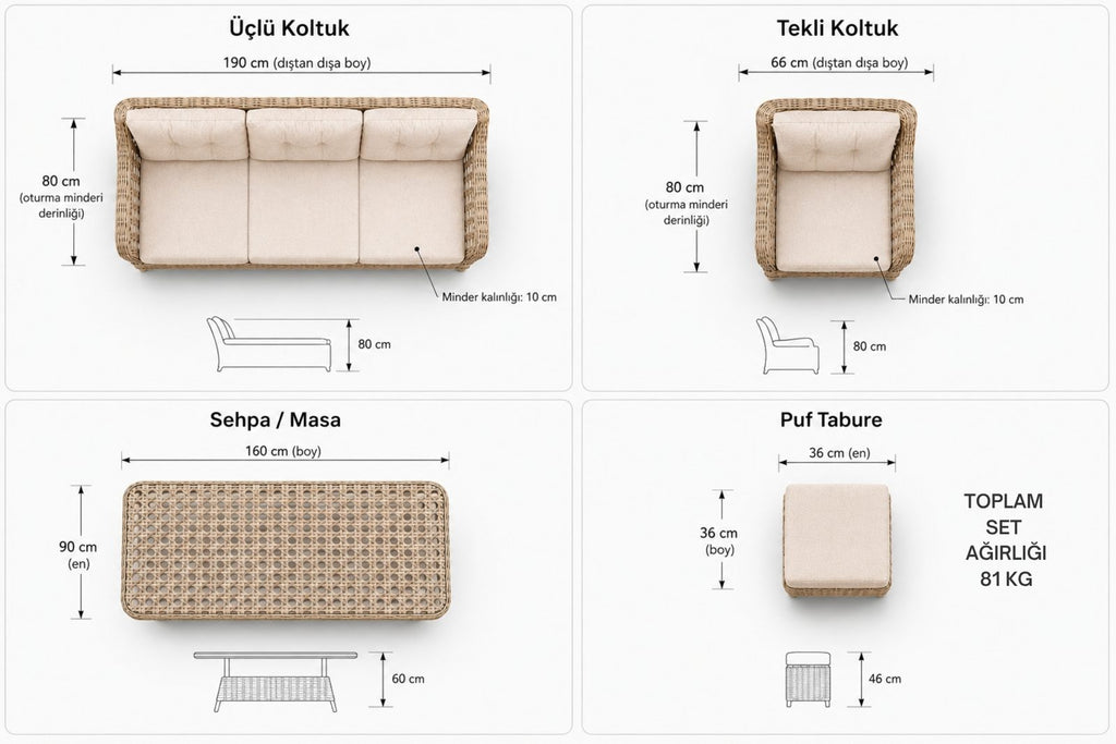 Kapadokya Maxi 6 Kişilik Minderli Rattan Bahçe & Teras Takımı