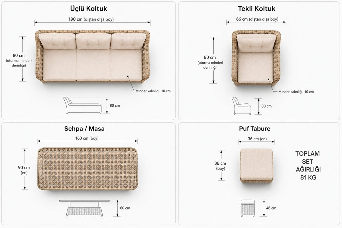 Kapadokya Maxi 6 Kişilik Minderli Rattan Bahçe & Teras Takımı