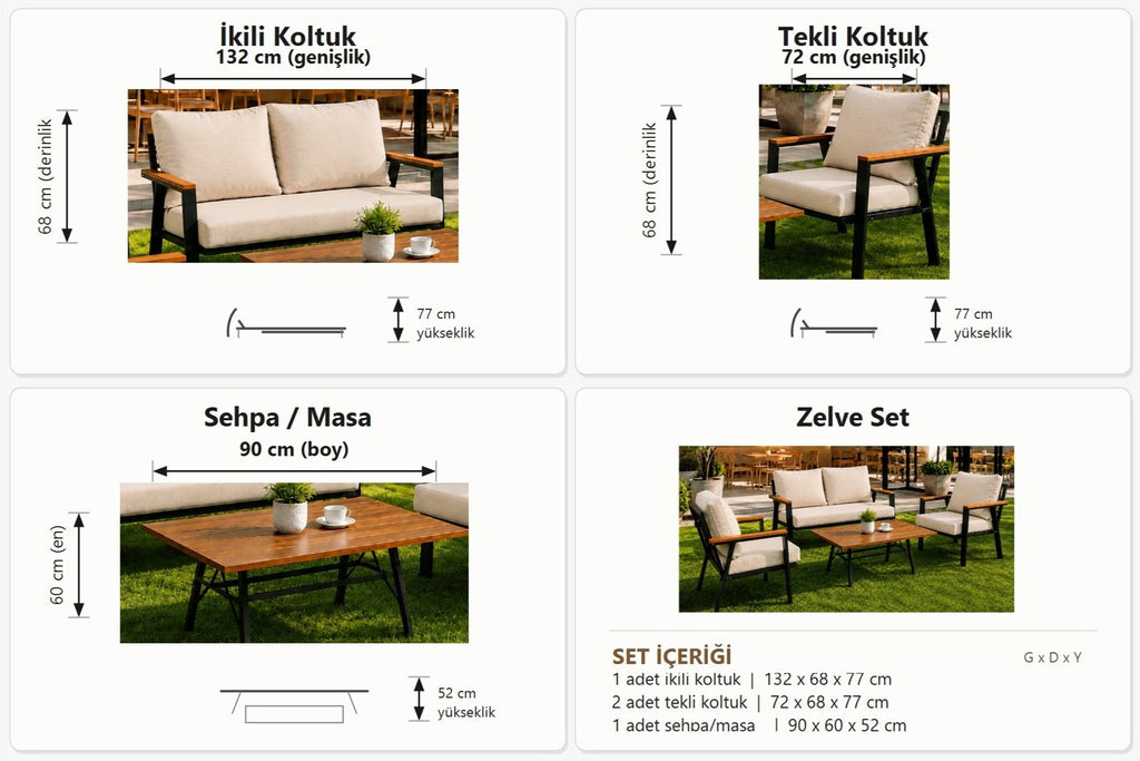Zelve 4 Kişilik Minderli Bahçe & Balkon Oturma Grubu